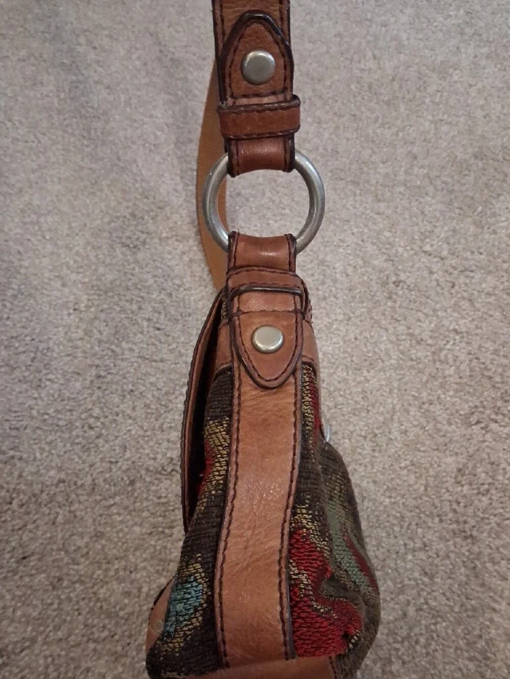 Vintage Fossil Brown Leather Tapestry Multicolor Turn Lock Crossbody Purse.